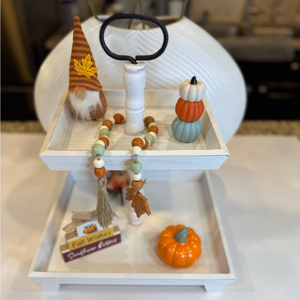 Charming Two-Tier White Wooden Tray For Decorations, Food For Entertaining NWT